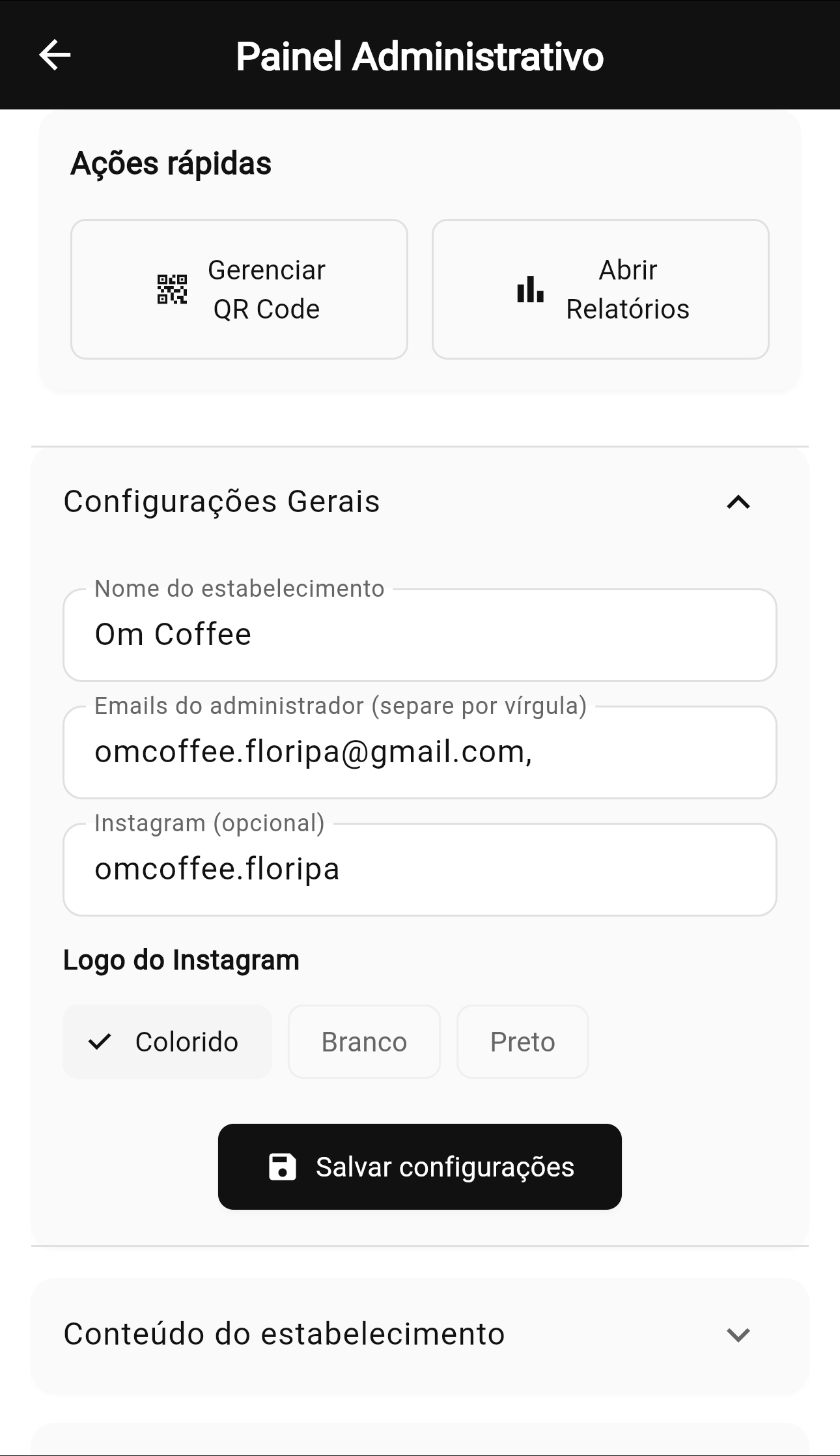 Configurações gerais do painel